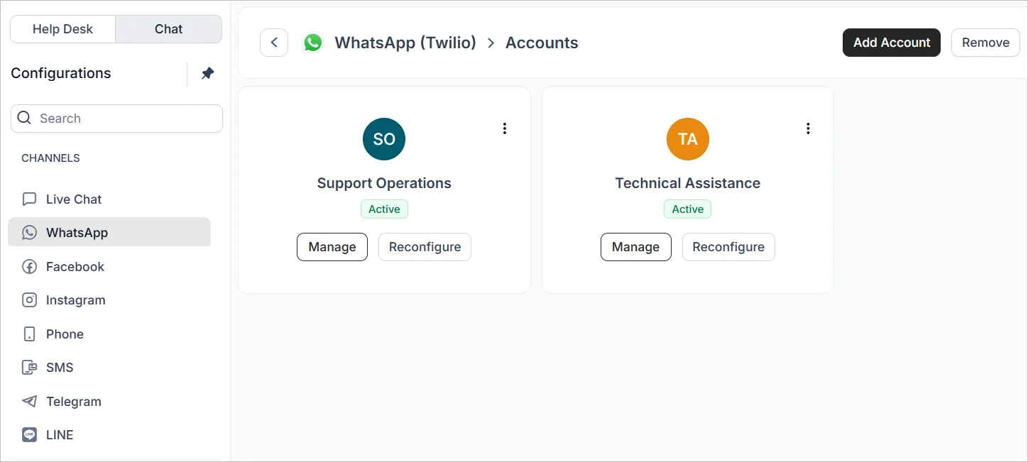 Twilio WhatsApp accounts dashboard showing active support and technical assistance configurations