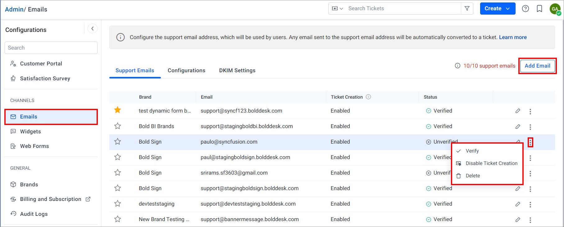 Support email configuration