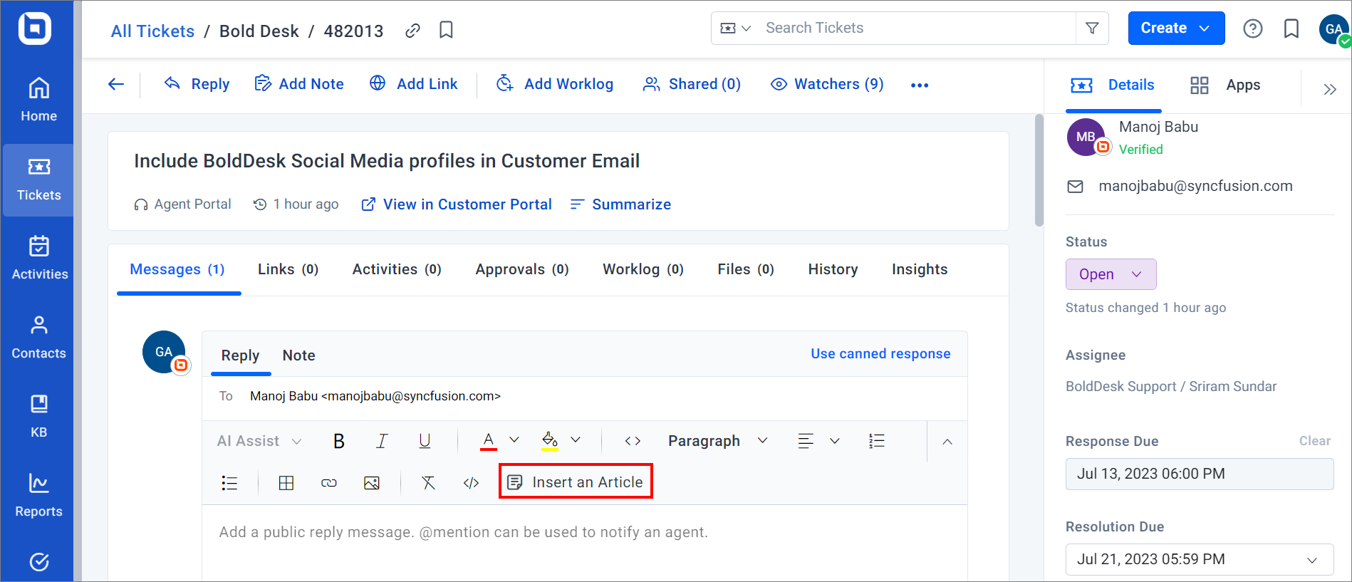 Embedding a knowledge base article in a ticket reply