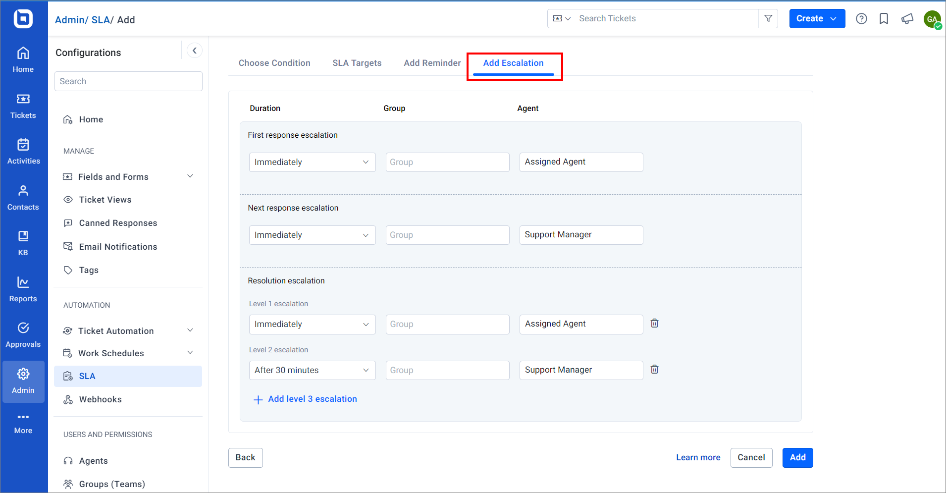 Adding SLA breach conditions in BoldDesk