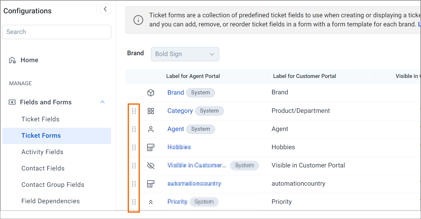 c. Changing the order of system fields in ticket forms