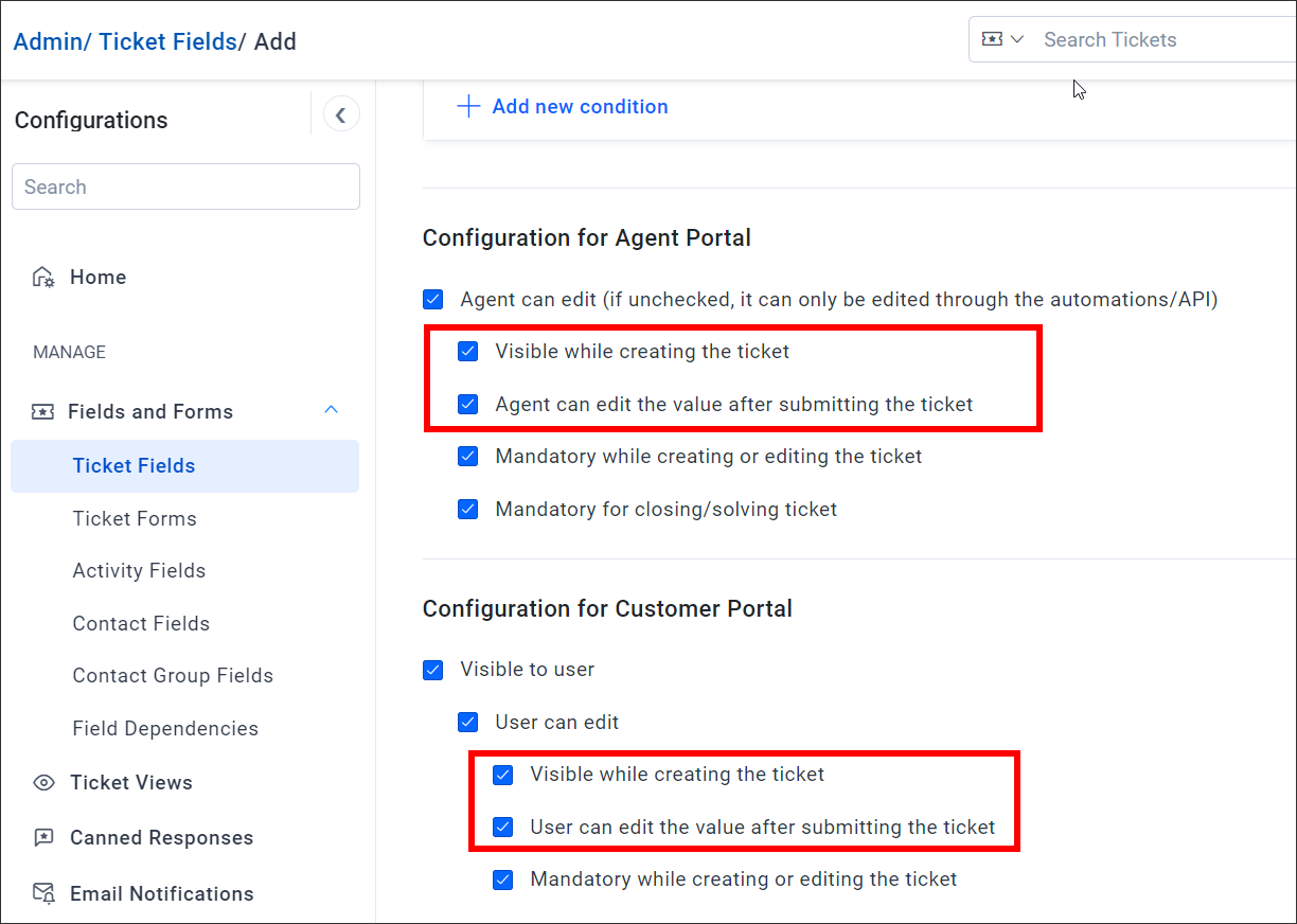 Additional Configuration Settings for Ticket Fields