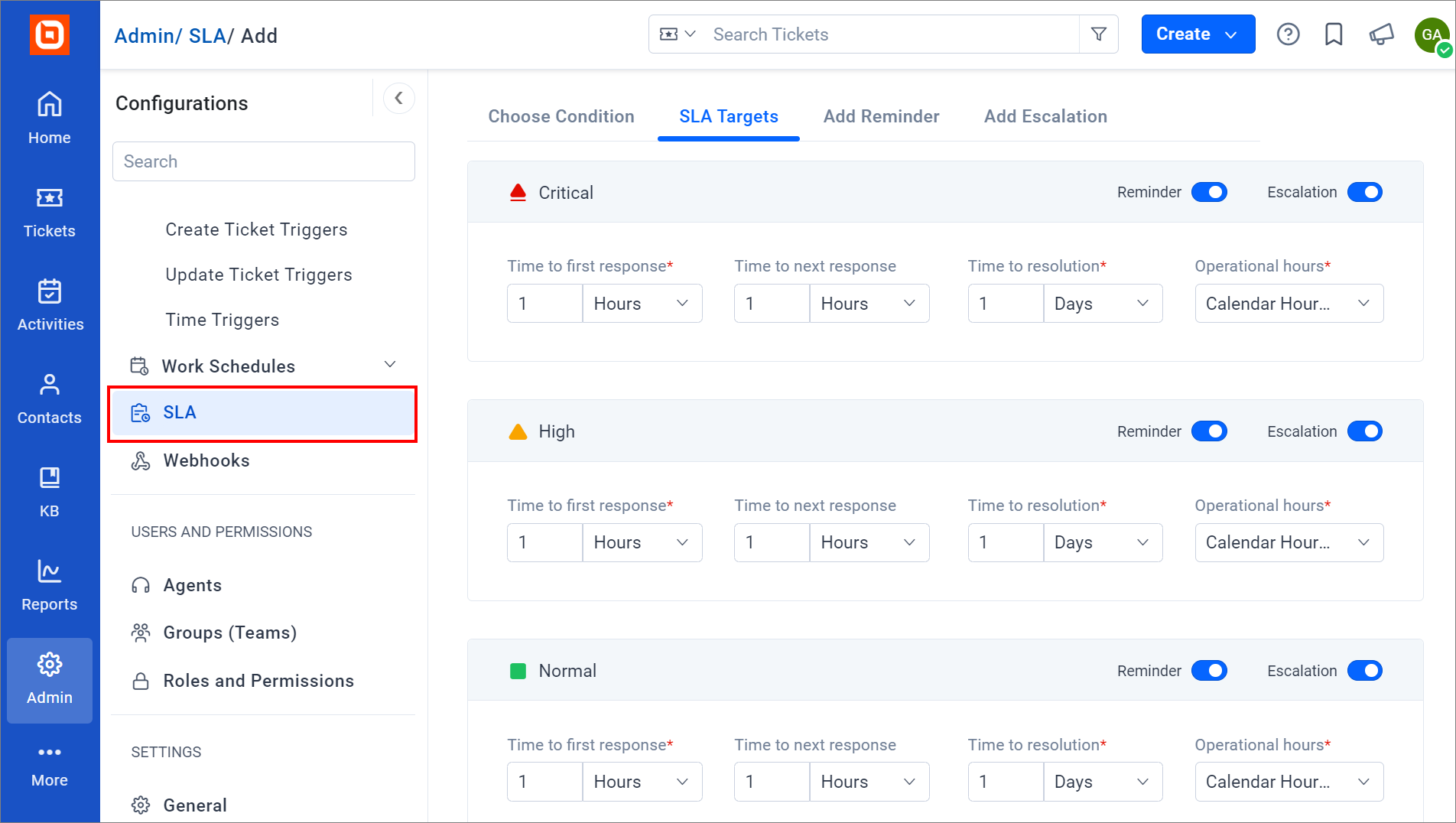 Setting Resolution Times in BoldDesk SLA