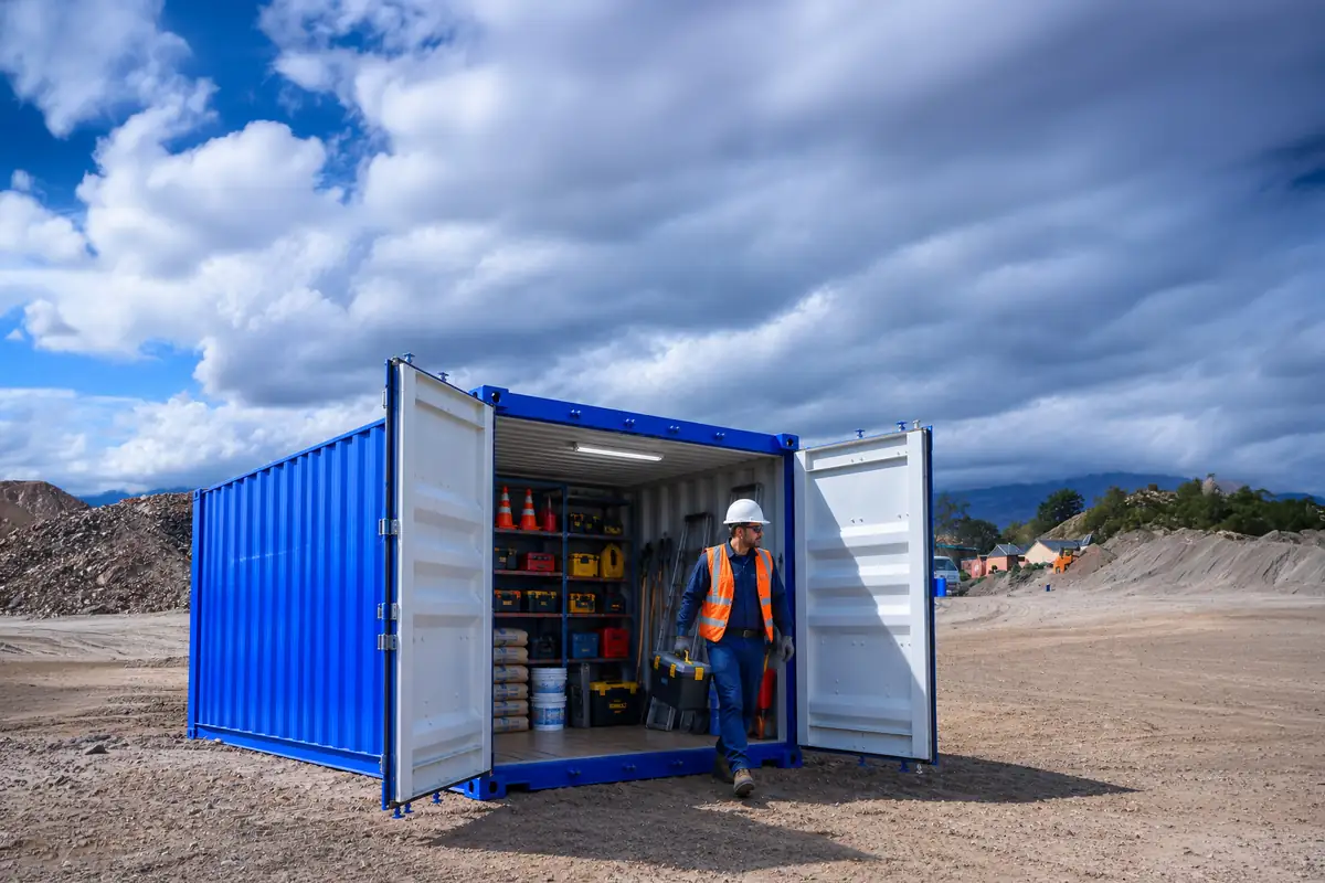 Contenedor marítimo abierto en obra con personal de Econtainers