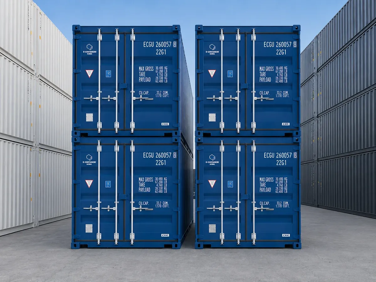 Blue Econtainers shipping containers stacked at a depot