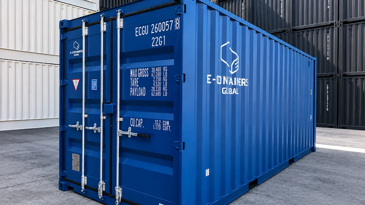 New blue 20-foot Econtainers Global dry container with ECGU owner code at the factory
