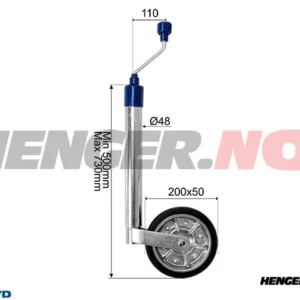 Støttehjul Ø48mm Stålfelg Hele gummihjul 200x50mm. Last 150 Kg