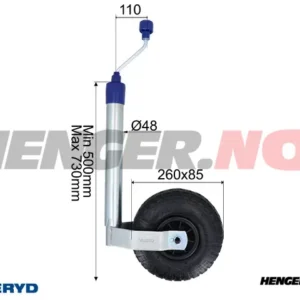 Støttehjul Ø48mm Plastfelg Pneumatiske gummihjul 260x85mm. Last 136Kg