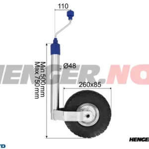 Støttehjul Ø48mm Stålfelg Pneumatiske gummihjul 260x85mm  Last 136Kg