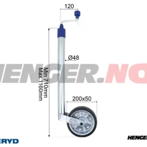 Støttehjul Ø48mm med stålfelg. Kompakt gummihjul 200x50mm. Load 150kg