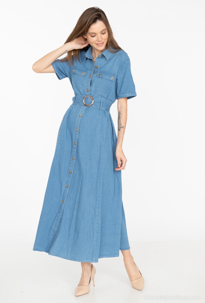 Long denim shirt dress with belt Ki&Love | Paris Fashion Shops