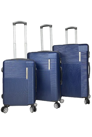Ensemble de trois valises bleues en ABS à roulettes doubles.