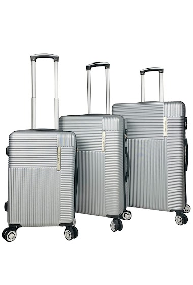 Ensemble de trois valises grises en ABS à roulettes doubles.