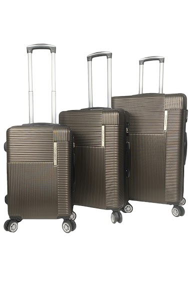 Ensemble de trois valises marrons en ABS à roulettes doubles.