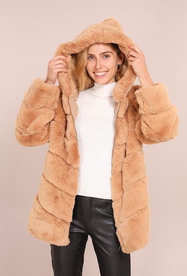 Manteau en fausse fourrure long avec capuche et poches