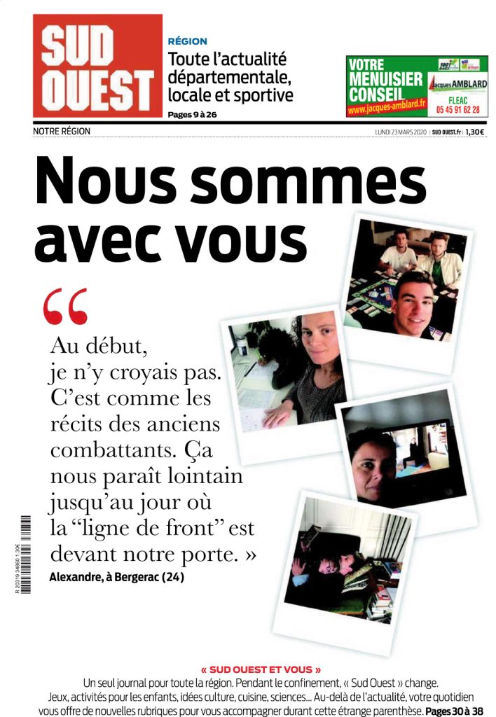 Une journal Sud Ouest régional du 23 Mars 2020