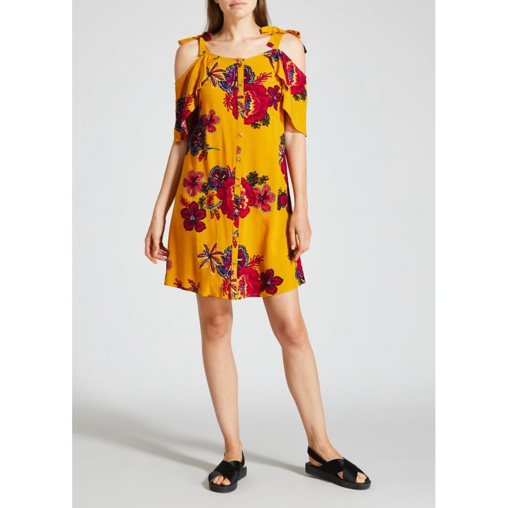 Floral Cold Shoulder Dress - Yellow