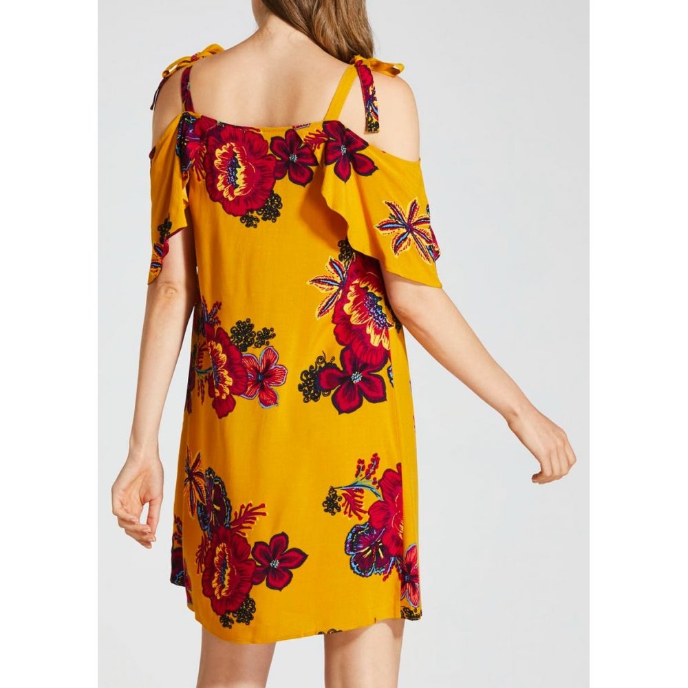 Floral Cold Shoulder Dress - Yellow