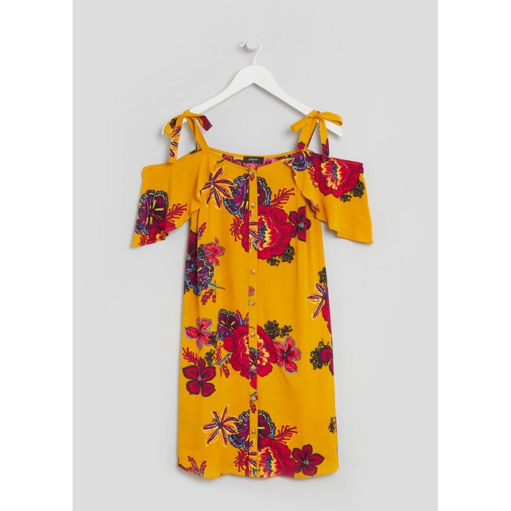 Floral Cold Shoulder Dress - Yellow