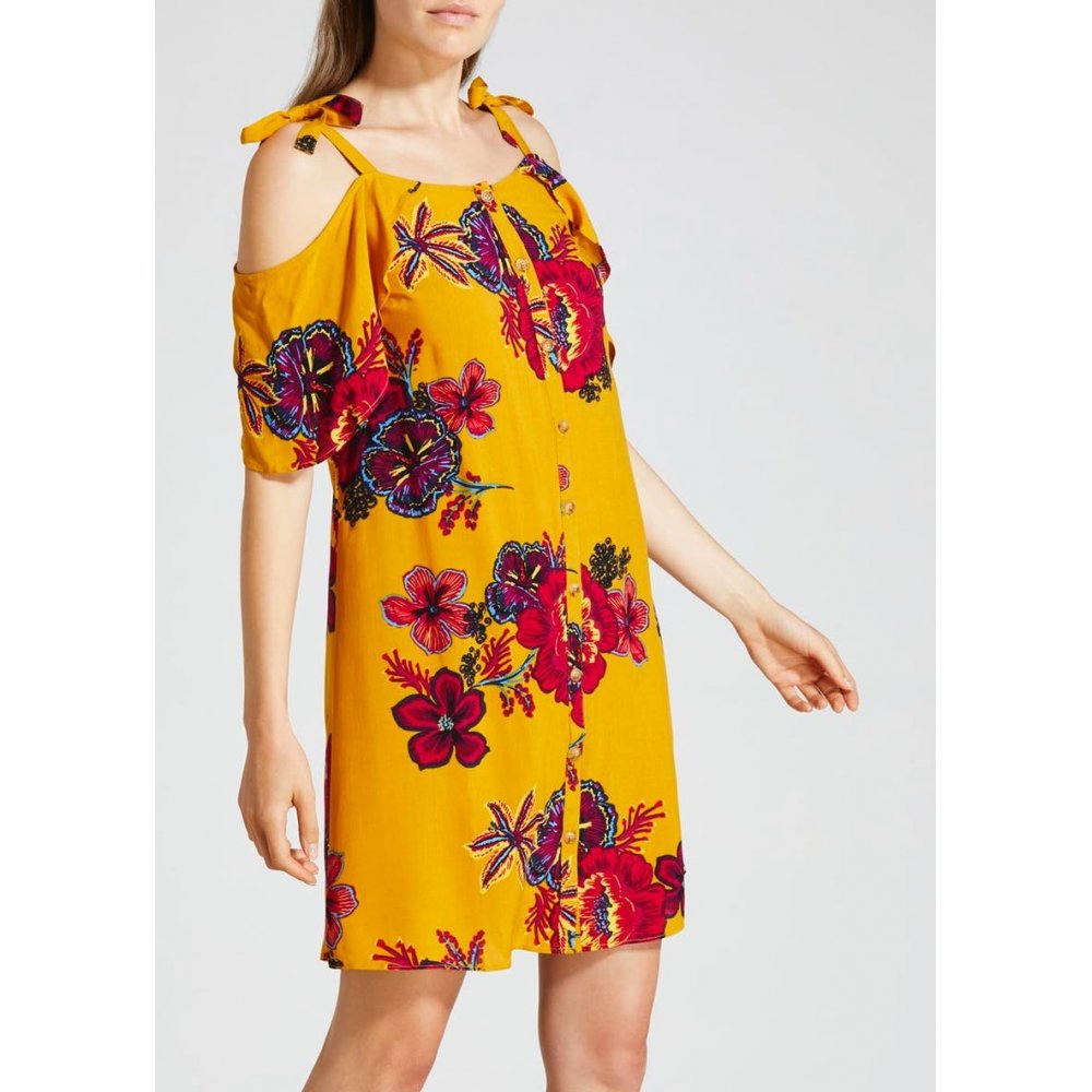 Floral Cold Shoulder Dress - Yellow
