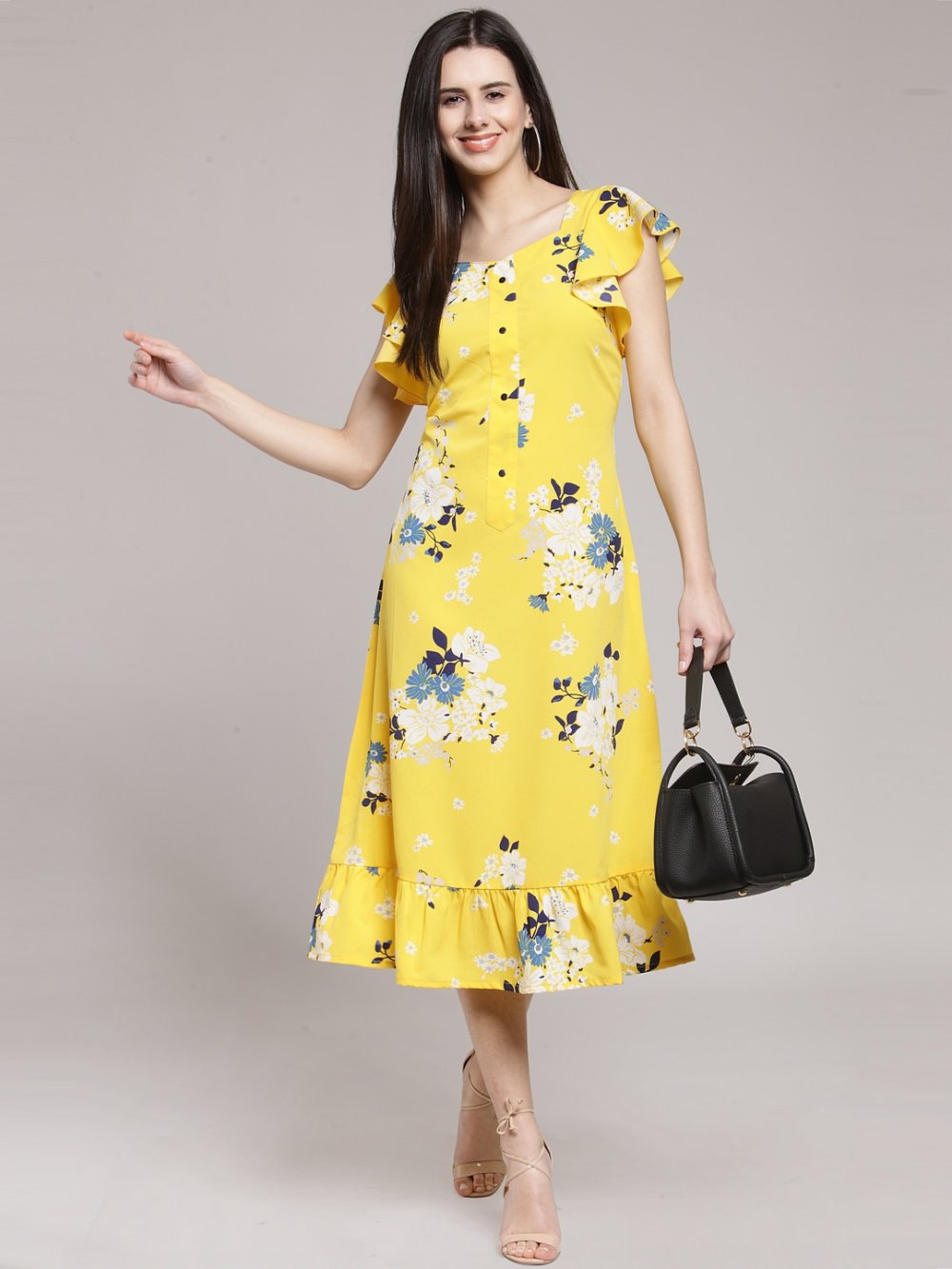 Women Yellow & Off-White Floral Print A-Line Dress