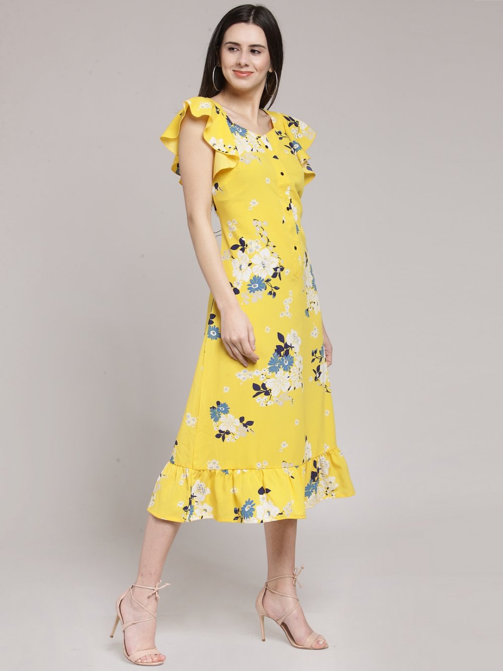 Women Yellow & Off-White Floral Print A-Line Dress