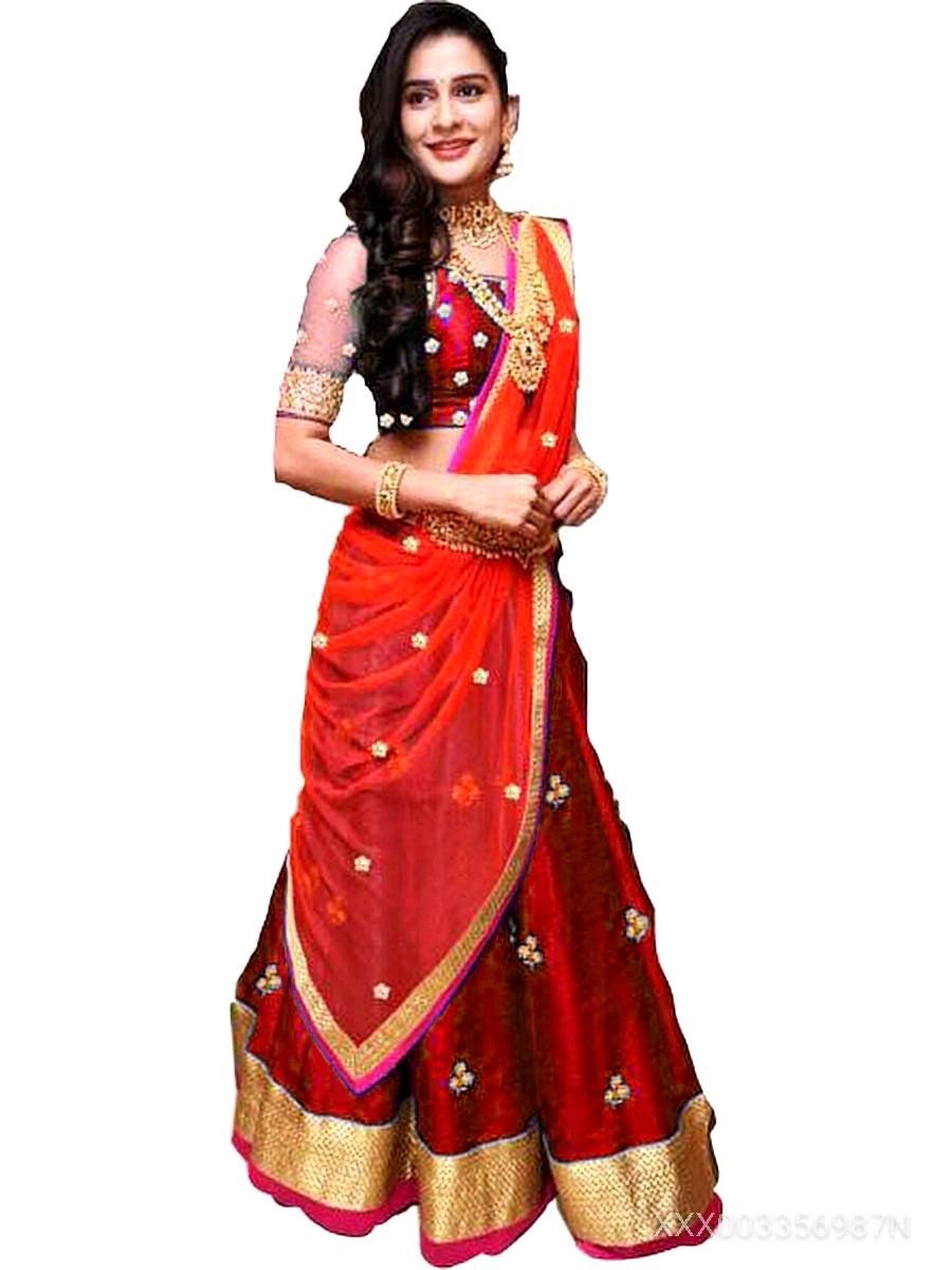 Florence Red Bangalore Silk Embroidered Semi-stitched Lehenga Choli