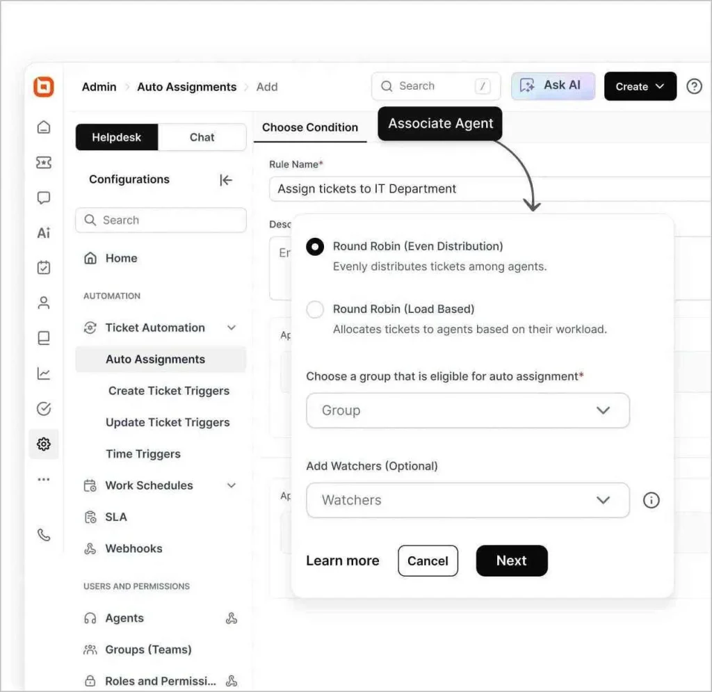 Auto-assignment setup screen showing round robin ticket distribution options and group selection in helpdesk admin