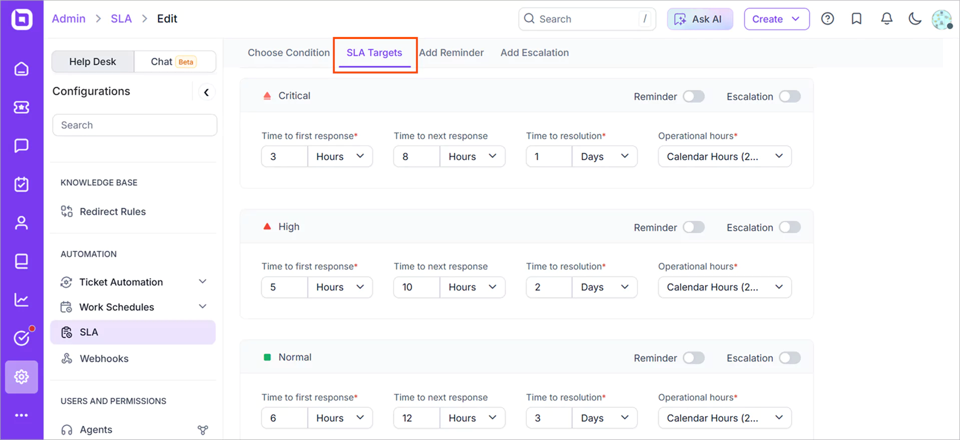 Setting SLA targets in BoldDesk