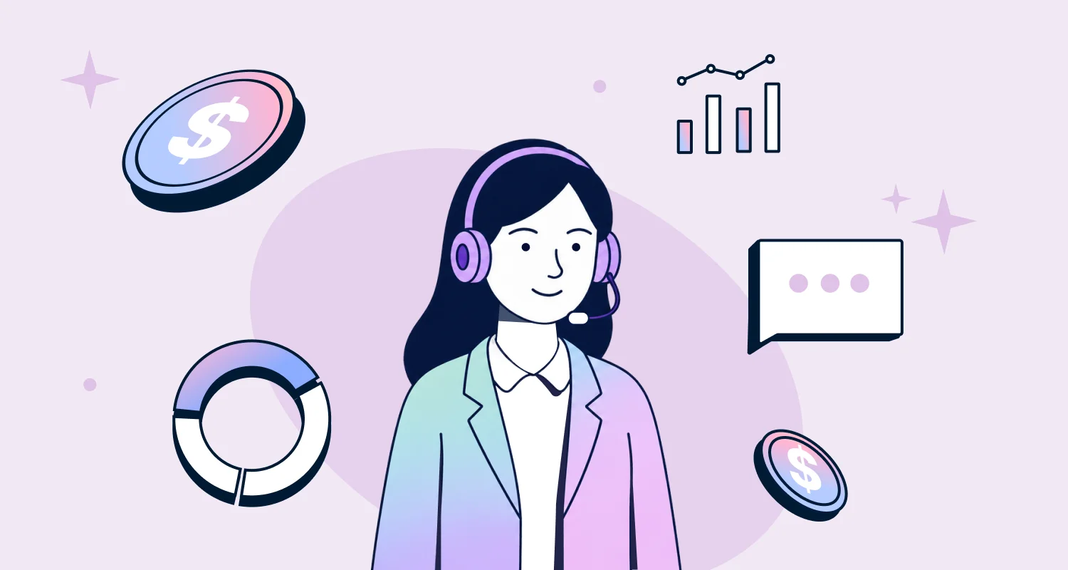 Customer service representative with headset surrounded by chat, analytics, revenue, and support metrics icons.