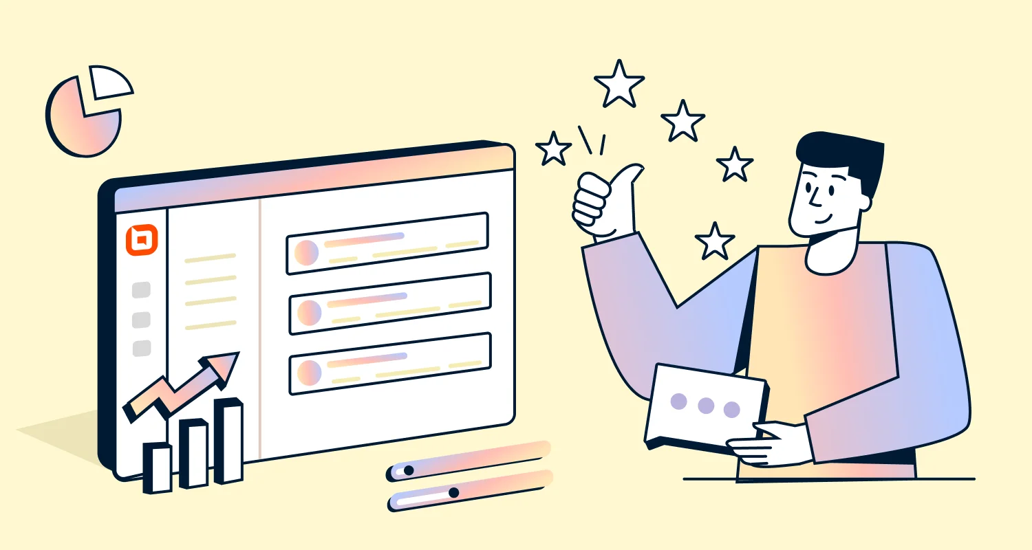 Help desk metrics illustration showing a dashboard, bar chart arrow, star icons, thumbs up icon, and chat bubble