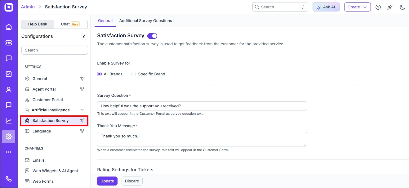 Customer satisfaction survey settings screen