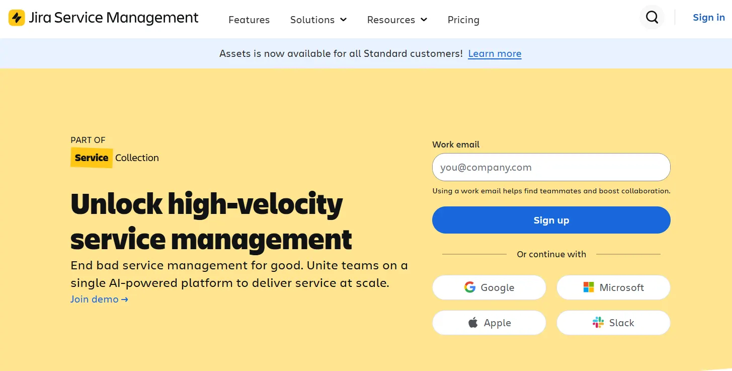 Automated ticketing system landing page of Jira Service Management highlighting AI-powered service management features