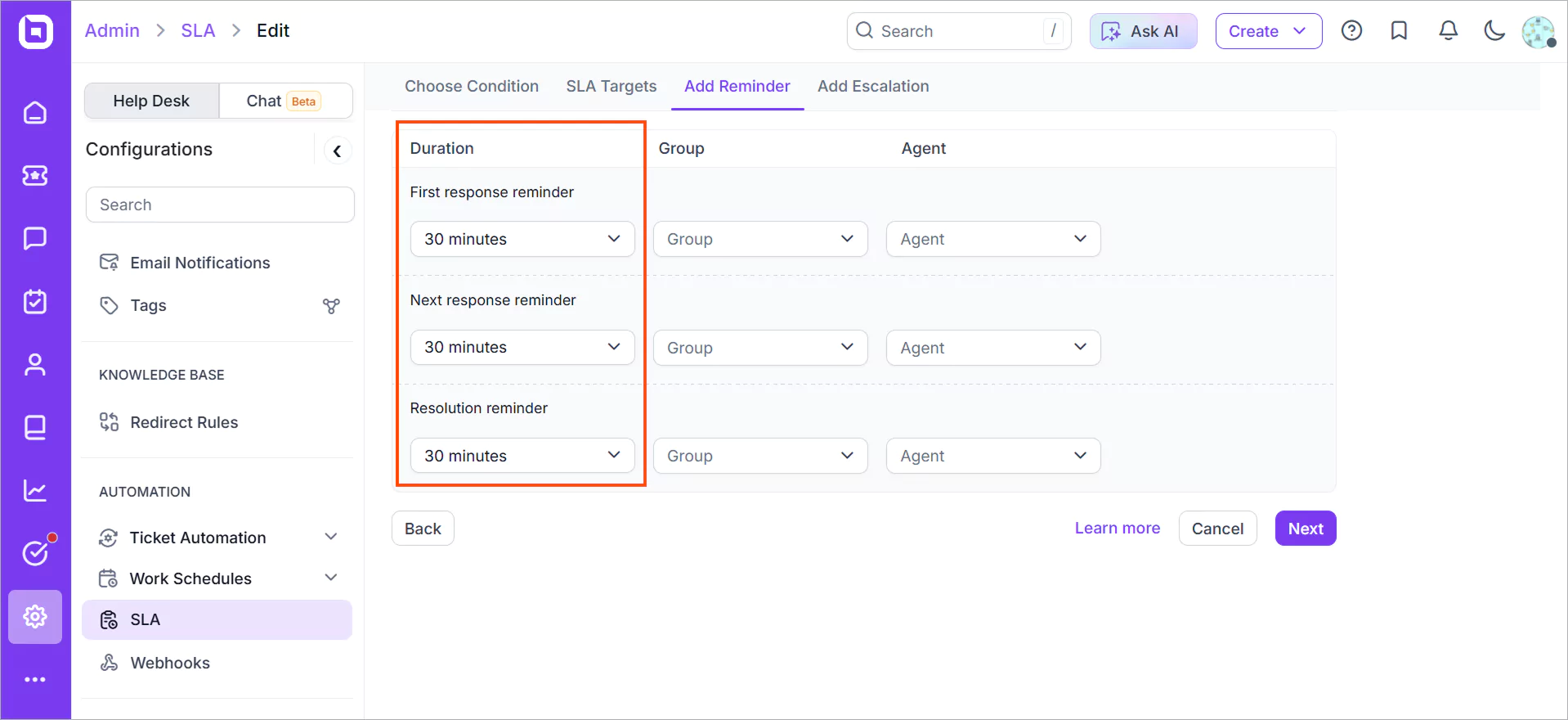 Example of a Reminder used in SLA customer service