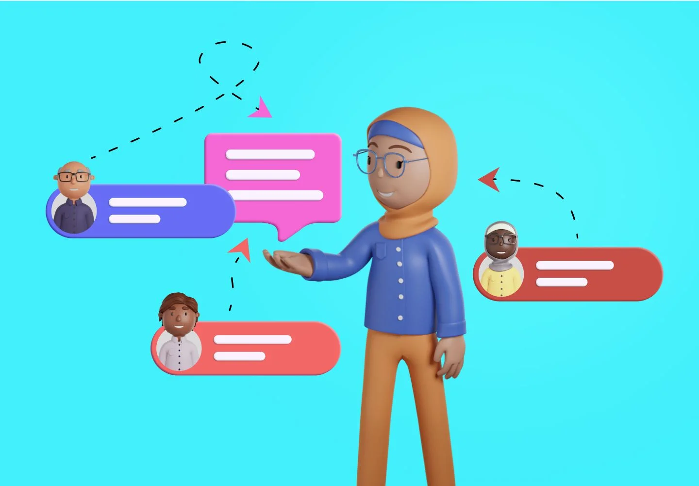 Bright blue infographic showing a person with responding across multiple channels using canned responses.