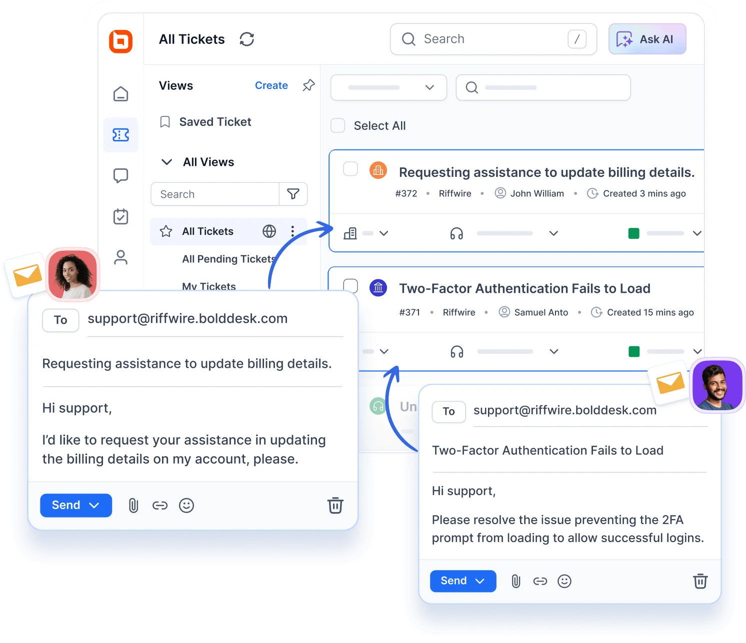 Infographic showing a help desk software showing customer conversations, ticket details, internal notes, and response actions