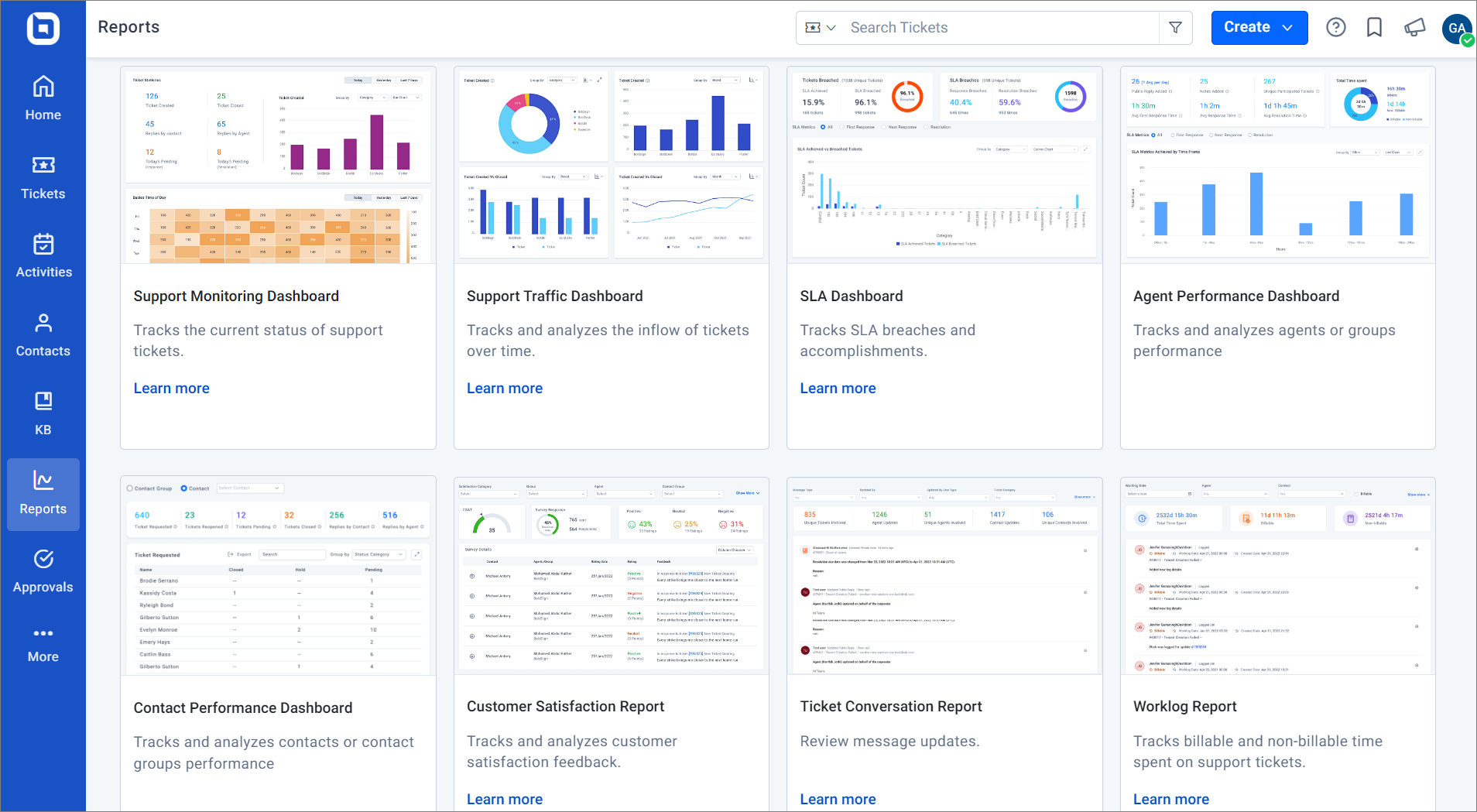 Reports and analytics dashboards help in customer support operations