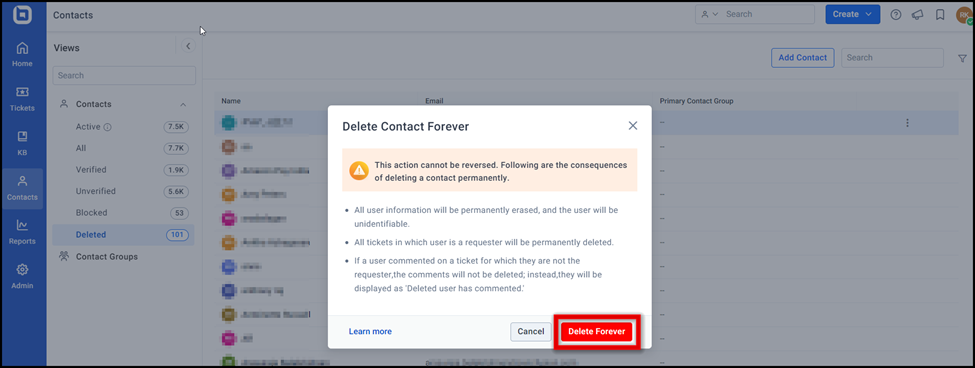 Delete contact forever dialog box