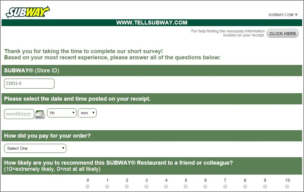 Subway's Customer Satisfaction Survey Questionnaire