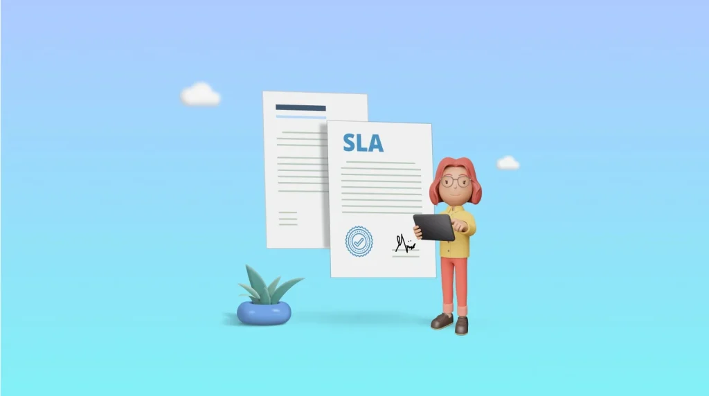 Blue SLA best practices illustration with a white agreement document, support agent, green plant, and light blue background