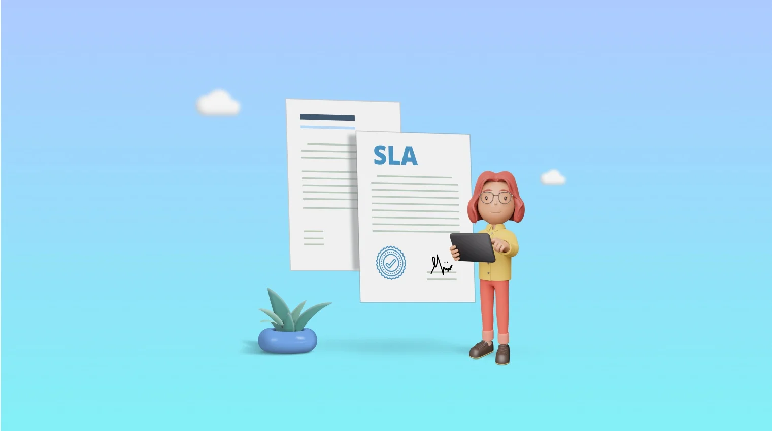 Blue SLA best practices illustration with a white agreement document, support agent, green plant, and light blue background
