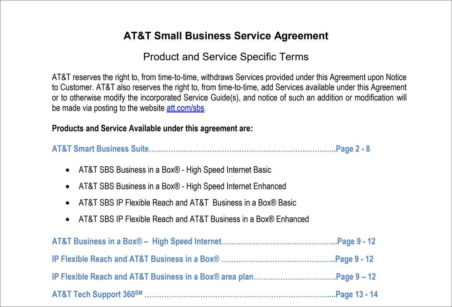AT&T Service-Level Agreement Table of Contents