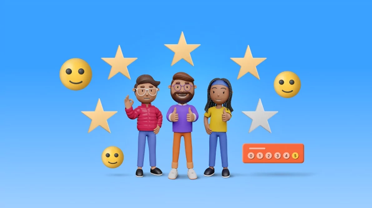 3D cartoon characters with stars, emojis, and a visible 5-star rating on a blue background