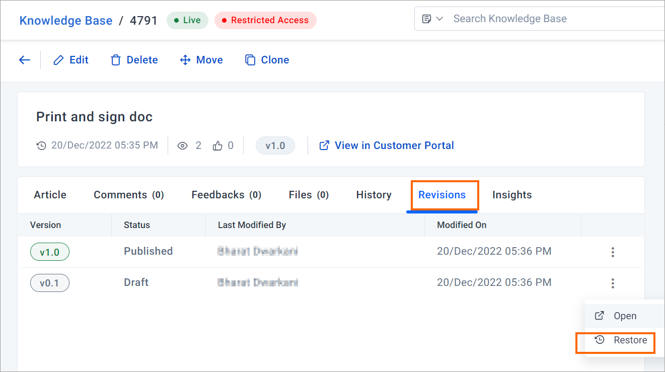Restoring previous versions of KB articles