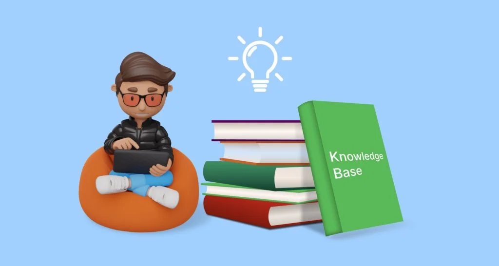 Blue and green learning illustration with stacked books and guidebook for teams creating a knowledge base