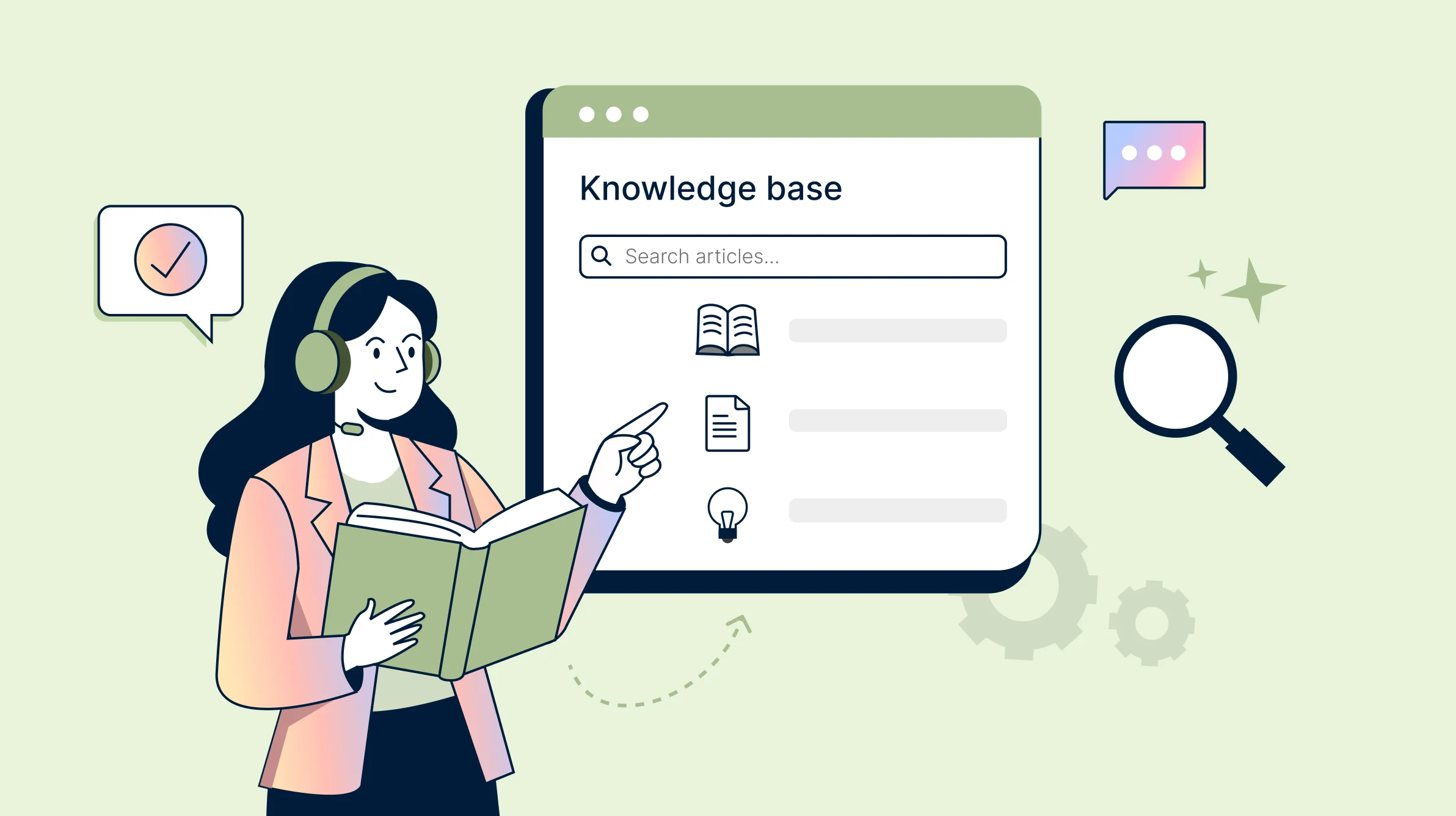 A person with green headphones using a green knowledge base, with pink icons, search, and magnifier