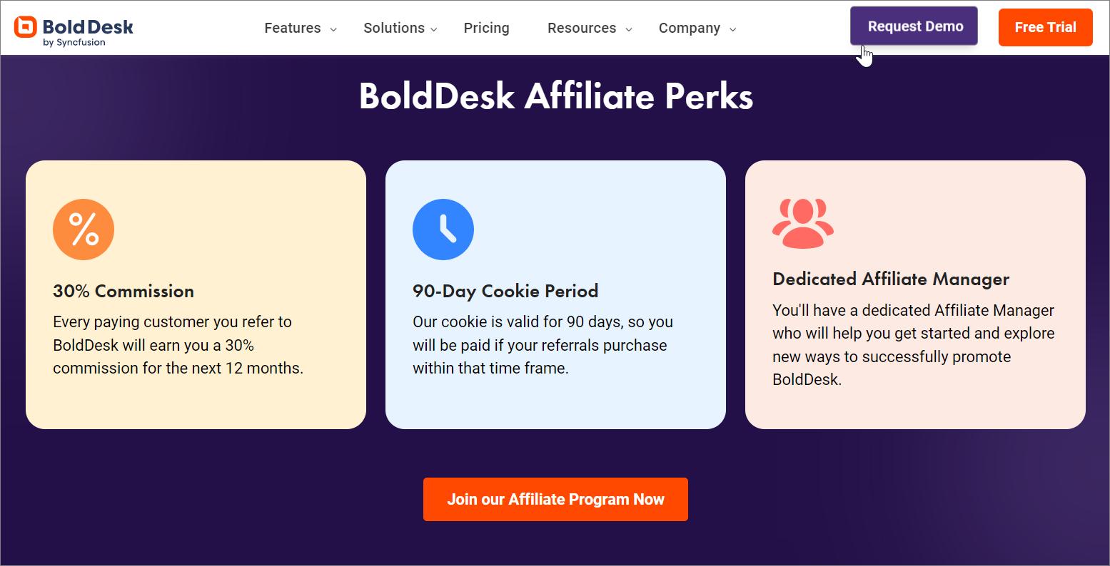 BoldDesk Affiliate - table showing some of the perks