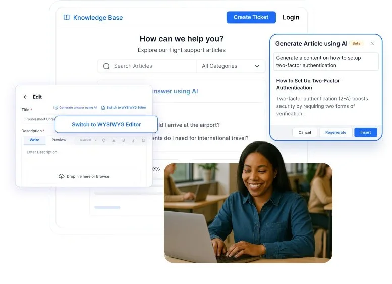 BoldDesk knowledge base interface showing AI-generated article suggestions, content editor, and ticket creation options for support.