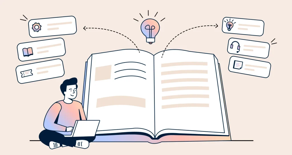 Infographic of a person sitting beside the book using a laptop with a large book, a light bulb above it, on a cream background.