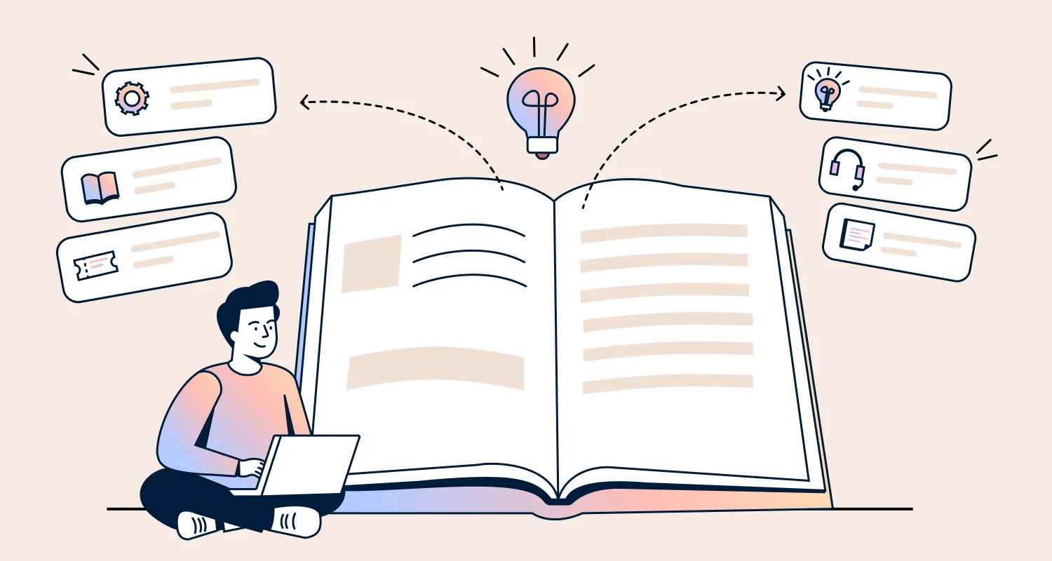 Infographic of a person sitting beside the book using a laptop with a large book, a light bulb above it, on a cream background.
